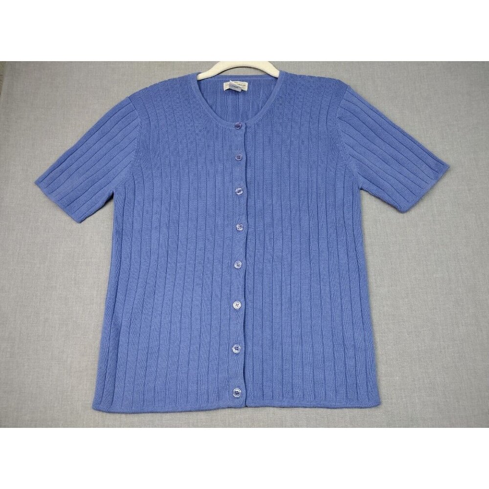 Yarn Works Women's Blue Ribbed Button-Up Round Neck Shirt Short Sleeve S USED